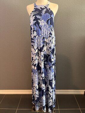 SOMA MAXI SUNDRESS HALTER DRESS - FRONT SLIT & SIDE POCKETS - BLUE FLORALS - L
